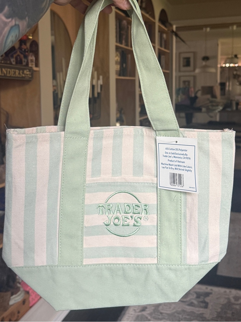 NWT Trader Joe's Striped Canvas Tote in mint and Cream